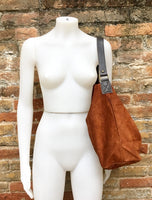 Slouch leather bag in rusty brown. Dark saddle brown hobo bag. Boho bag.Book or tablet bags in suede. Dark camel brown soft leather shopper