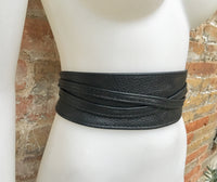 Obi belt in soft leather. Wrap belt in BLACK. Waist belt in BLACK. Wraparound belt in black genuine leather. Boho black waist cinch belt.