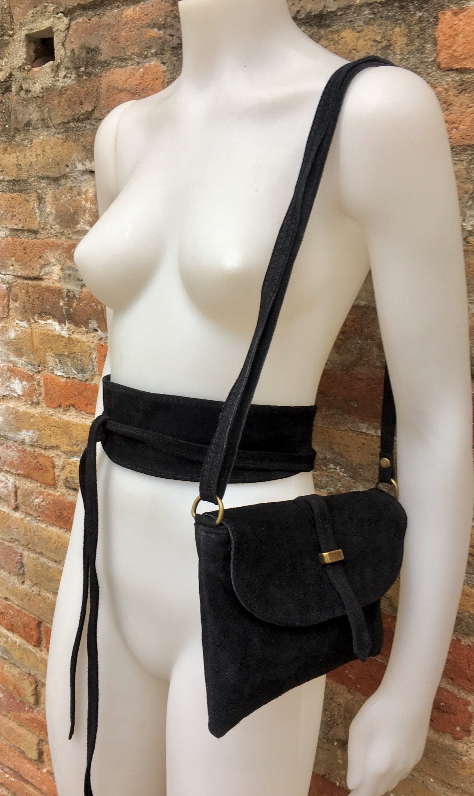 Suede leather bag in BLACK with waist belt. Crossbody bag in GENUINE leather with wraparound suede belt.BLACK leather wrap belt and bag set