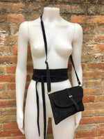 Suede leather bag in BLACK with waist belt. Crossbody bag in GENUINE leather with wraparound suede belt.BLACK leather wrap belt and bag set