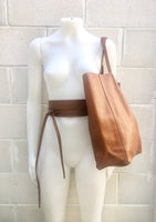 Tote bag in camel BROWN with belt.Soft natural GENUINE leather bag + belt set. Large brown leather bag. Computer, tablet or Laptop bag.