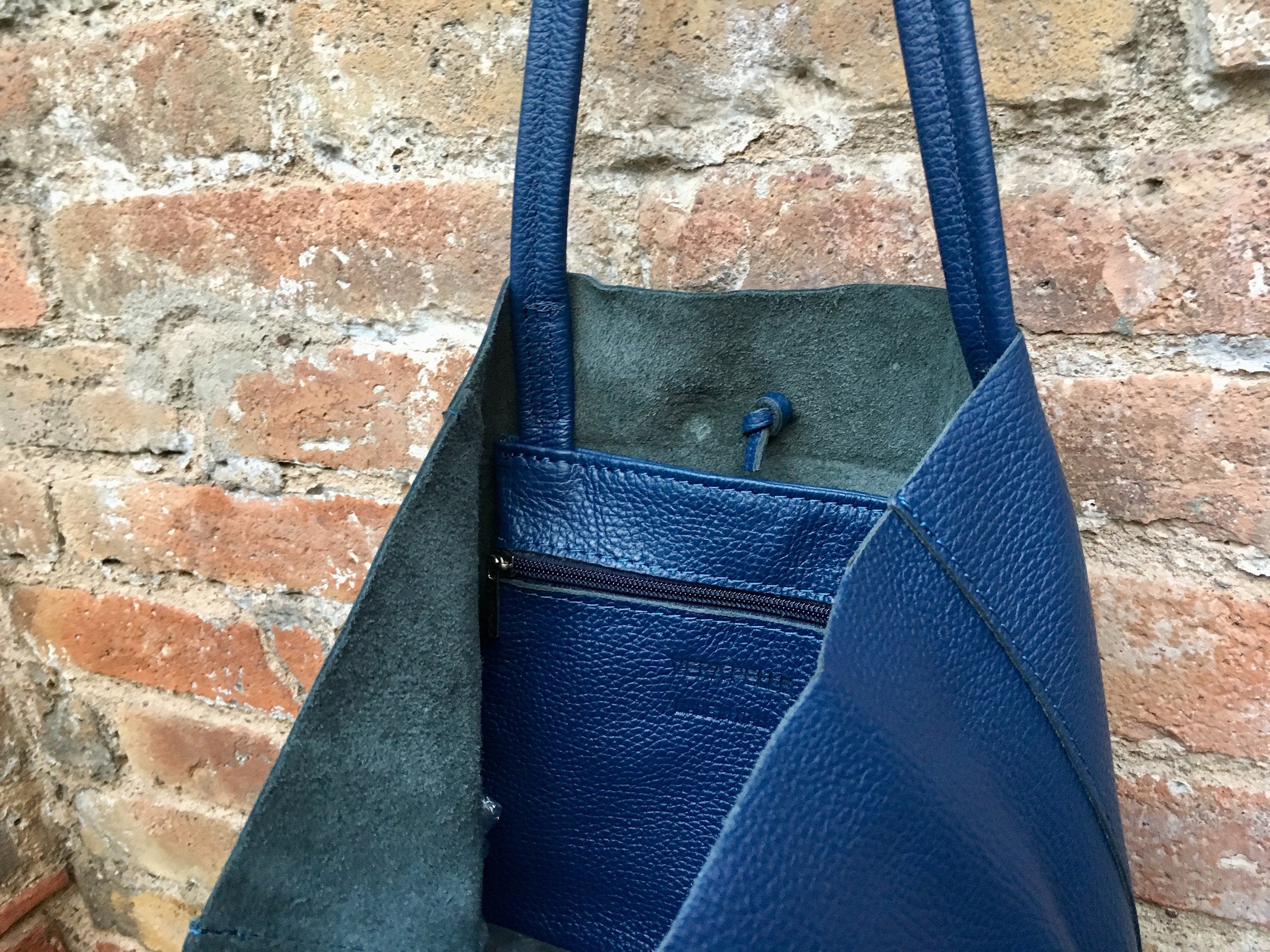 Tote leather bag in NAVY blue. Leather shopper in natural GENUINE leather. Large carry all bag for your laptop, books.BLUE leather shopper.