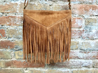 Cross body bag. BOHO suede leather bag in CAMEL brown with FRINGES. Messenger bag in soft genuine suede leather. Crossbody hippy bag