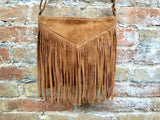 Cross body bag. BOHO suede leather bag in CAMEL brown with FRINGES. Messenger bag in soft genuine suede leather. Crossbody hippy bag