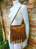 Cross body bag. BOHO suede leather bag in CAMEL brown with FRINGES. Messenger bag in soft genuine suede leather. Crossbody hippy bag