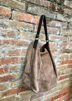 Slouch leather bag in light brown.Taupe color hobo shoulder bag. Boho bag. Book or tablet bags in suede. BROWN suede bag. Leather shopper