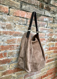 Slouch leather bag in light brown.Taupe color hobo shoulder bag. Boho bag. Book or tablet bags in suede. BROWN suede bag. Leather shopper