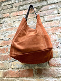 Slouch leather bag in rusty brown. Dark saddle brown hobo bag. Boho bag.Book or tablet bags in suede. Dark camel brown soft leather shopper