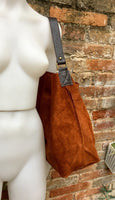 Slouch leather bag in rusty brown. Dark saddle brown hobo bag. Boho bag.Book or tablet bags in suede. Dark camel brown soft leather shopper