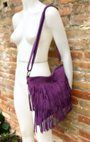 Cross body bag.BOHO suede leather bag in PURPLE with FRINGES. Larger model. Messenger bag in genuine suede. Purple hippy bag in soft leather