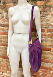 Cross body bag.BOHO suede leather bag in PURPLE with FRINGES. Larger model. Messenger bag in genuine suede. Purple hippy bag in soft leather