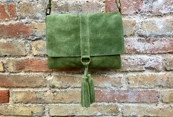 Cross body bag. BOHO suede leather bag in MOSS GREEN. Soft genuine suede leather. Green cros body, small messenger bag with flap and tassel