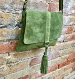 Cross body bag. BOHO suede leather bag in MOSS GREEN. Soft genuine suede leather. Green cros body, small messenger bag with flap and tassel