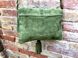 Cross body bag. BOHO suede leather bag in MOSS GREEN. Soft genuine suede leather. Green cros body, small messenger bag with flap and tassel