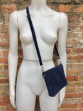 Suede leather bag in NAVY BLUE. Cross body bag, shoulder bag in GENUINE leather. Small leather bag with adjustable strap and zipper.