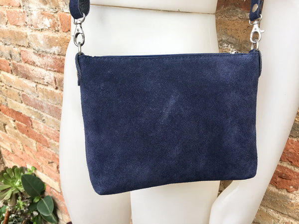 Suede leather bag in NAVY BLUE. Cross body bag, shoulder bag in GENUINE leather. Small leather bag with adjustable strap and zipper.