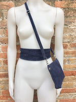 Small suede bag in NAVY BLUE with belt.Cross body bag and OBI belt set in genuine suede leather. Wrap belt and small bag set.Wide suede belt