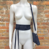 Small suede bag in NAVY BLUE with belt.Cross body bag and OBI belt set in genuine suede leather. Wrap belt and small bag set.Wide suede belt