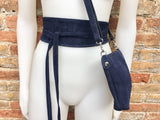 Small suede bag in NAVY BLUE with belt.Cross body bag and OBI belt set in genuine suede leather. Wrap belt and small bag set.Wide suede belt