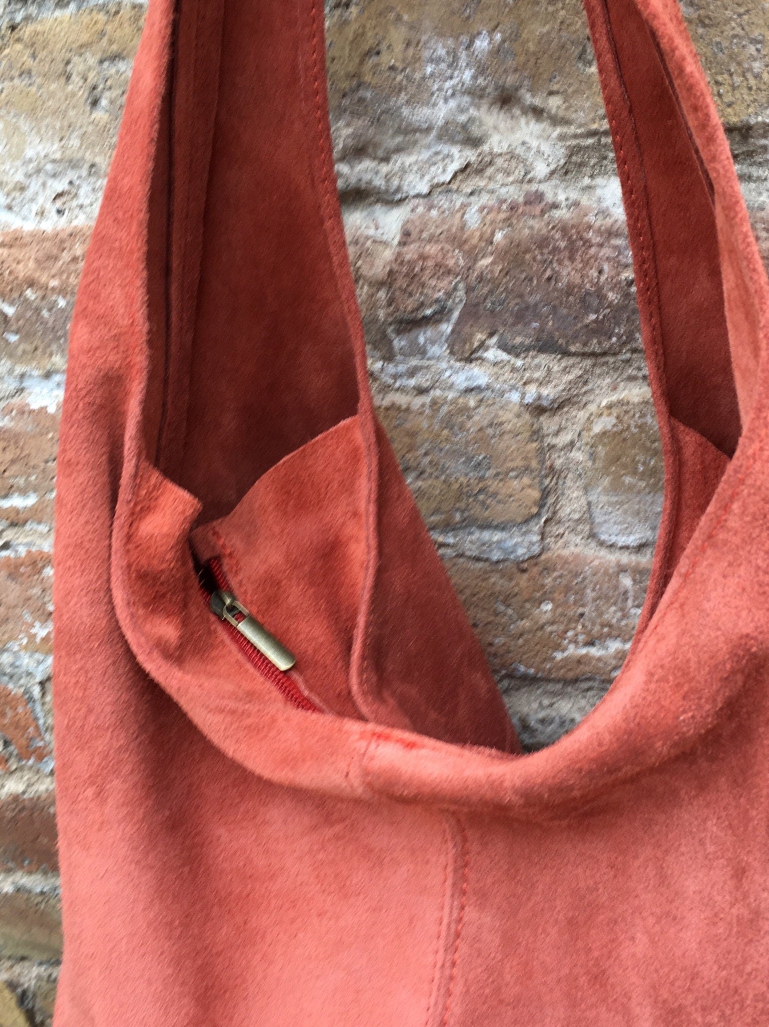 Slouch bag. Large tote leather bag in ORANGE with ZIPPER. Soft natural suede leather shopper bag. Boho orange carry all bag. Large hobo bag