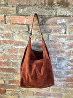 Slouch leather bag in rusty brown. Dark saddle brown hobo bag. Boho bag.Book or tablet bags in suede. Dark camel brown soft leather shopper