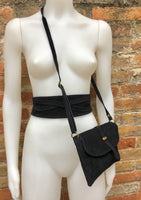 Suede leather bag in BLACK with waist belt. Crossbody bag in GENUINE leather with wraparound suede belt.BLACK leather wrap belt and bag set