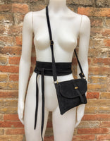 Suede leather bag in BLACK with waist belt. Crossbody bag in GENUINE leather with wraparound suede belt.BLACK leather wrap belt and bag set