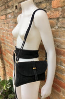 Suede leather bag in BLACK with waist belt. Crossbody bag in GENUINE leather with wraparound suede belt.BLACK leather wrap belt and bag set