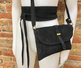 Suede leather bag in BLACK with waist belt. Crossbody bag in GENUINE leather with wraparound suede belt.BLACK leather wrap belt and bag set