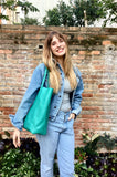 Tote bag in turquoise GREEN. Genuine leather shopper bag. Laptop bag, office bag to carry your tablet or books. Grain leather tote bag.Hobo