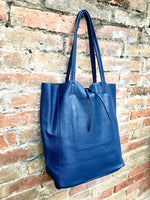 Tote leather bag in NAVY blue. Leather shopper in natural GENUINE leather. Large carry all bag for your laptop, books.BLUE leather shopper.