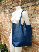 Tote leather bag in NAVY blue. Leather shopper in natural GENUINE leather. Large carry all bag for your laptop, books.BLUE leather shopper.