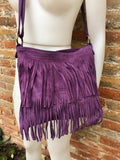 Cross body bag.BOHO suede leather bag in PURPLE with FRINGES. Larger model. Messenger bag in genuine suede. Purple hippy bag in soft leather