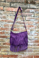 Cross body bag.BOHO suede leather bag in PURPLE with FRINGES. Larger model. Messenger bag in genuine suede. Purple hippy bag in soft leather