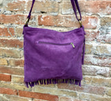 Cross body bag.BOHO suede leather bag in PURPLE with FRINGES. Larger model. Messenger bag in genuine suede. Purple hippy bag in soft leather