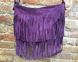Cross body bag.BOHO suede leather bag in PURPLE with FRINGES. Larger model. Messenger bag in genuine suede. Purple hippy bag in soft leather
