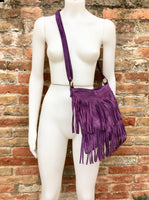 Cross body bag.BOHO suede leather bag in PURPLE with FRINGES. Larger model. Messenger bag in genuine suede. Purple hippy bag in soft leather