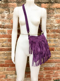Cross body bag.BOHO suede leather bag in PURPLE with FRINGES. Larger model. Messenger bag in genuine suede. Purple hippy bag in soft leather