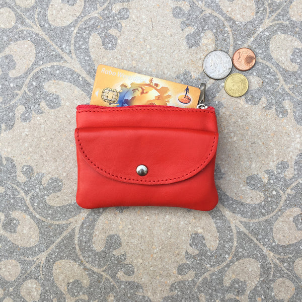 Small purse in RED in genuine leather with zippers and pocket. Fits credit cards, coins, bills. RED leather wallet