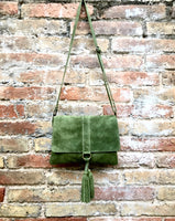 Cross body bag. BOHO suede leather bag in MOSS GREEN. Soft genuine suede leather. Green cros body, small messenger bag with flap and tassel