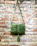 Cross body bag. BOHO suede leather bag in MOSS GREEN. Soft genuine suede leather. Green cros body, small messenger bag with flap and tassel