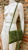 Cross body bag. BOHO suede leather bag in MOSS GREEN. Soft genuine suede leather. Green cros body, small messenger bag with flap and tassel