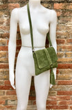 Cross body bag. BOHO suede leather bag in MOSS GREEN. Soft genuine suede leather. Green cros body, small messenger bag with flap and tassel