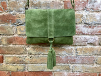 Cross body bag. BOHO suede leather bag in MOSS GREEN. Soft genuine suede leather. Green cros body, small messenger bag with flap and tassel