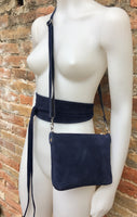 Small suede bag in NAVY BLUE with belt.Cross body bag and OBI belt set in genuine suede leather. Wrap belt and small bag set.Wide suede belt