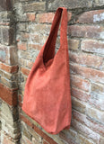 Slouch bag. Large tote leather bag in ORANGE with ZIPPER. Soft natural suede leather shopper bag. Boho orange carry all bag. Large hobo bag