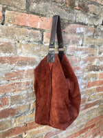 Slouch leather bag in rusty brown. Dark saddle brown hobo bag. Boho bag.Book or tablet bags in suede. Dark camel brown soft leather shopper