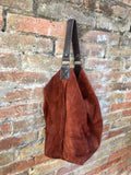 Slouch leather bag in rusty brown. Dark saddle brown hobo bag. Boho bag.Book or tablet bags in suede. Dark camel brown soft leather shopper