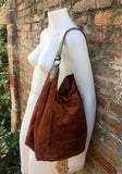 Slouch leather bag in rusty brown. Dark saddle brown hobo bag. Boho bag.Book or tablet bags in suede. Dark camel brown soft leather shopper