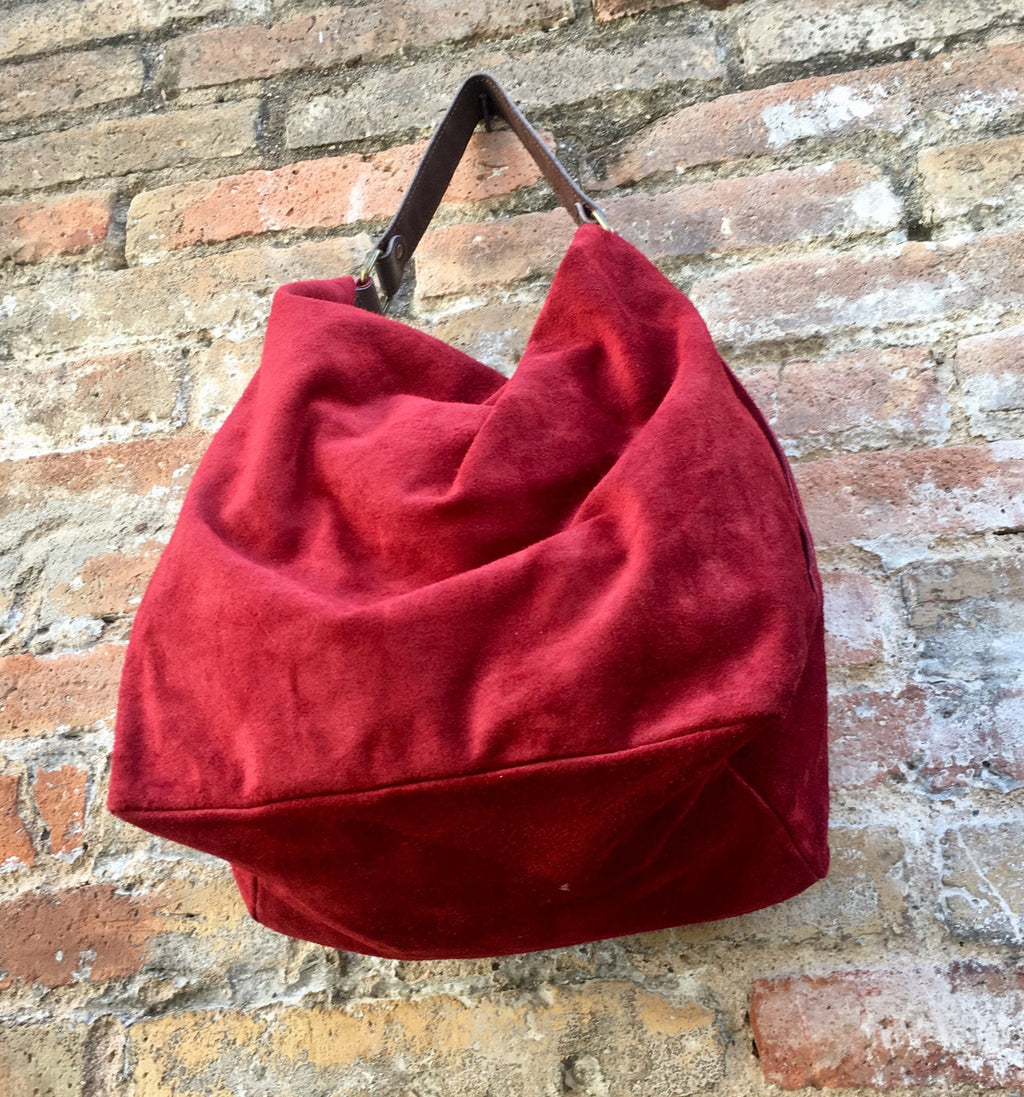 Slouch leather bag in light BURGUNDY. Dark RED hobo bag. Boho bag.Book or tablet bags in suede. Wine red soft leather shopper